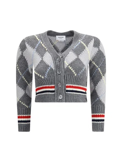 Thom Browne Argyle Intarsia Shrunken Virgin Wool Blend Cardigan In Gray