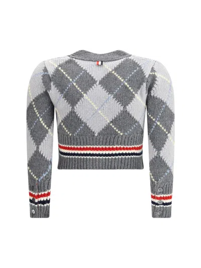 Thom Browne Argyle Intarsia Shrunken Virgin Wool Blend Cardigan In Gray