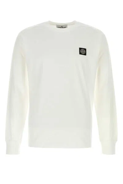 Stone Island White Long-sleeve Crewneck T-shirt With Logo Patch On The Front In Cotton Man In White