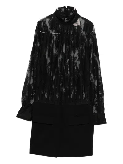 Semicouture Sheer Lace Bodice Mini Dress With Ruffle Cuffs In Black