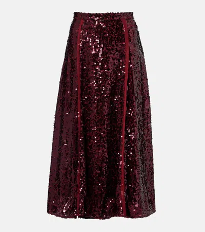 Erdem Frayed Sequined Crepe De Chine Midi Skirt In Burgundy