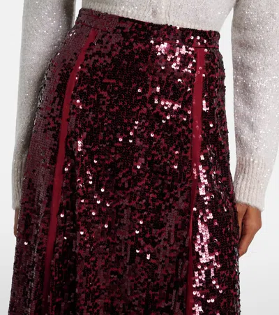 Erdem Frayed Sequined Crepe De Chine Midi Skirt In Burgundy