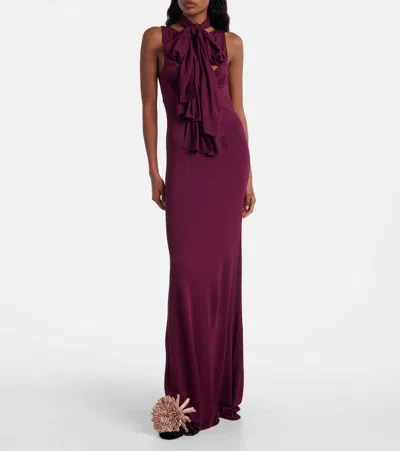 Alaïa Womens Alaia High-neck Bow Woven Maxi Dress In Burgundy