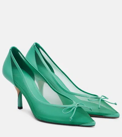 Jacquemus The Tourni Bow-detailed Leather-trimmed Mesh Pumps In Green