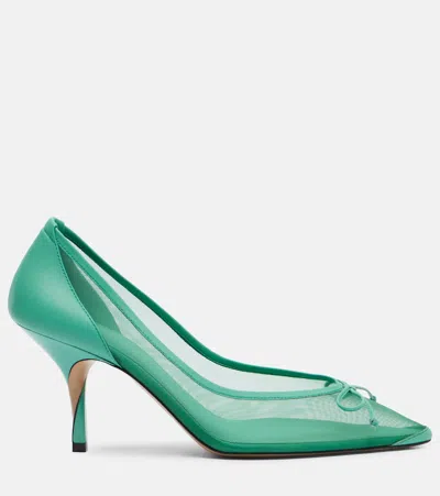 Jacquemus The Tourni Bow-detailed Leather-trimmed Mesh Pumps In Green