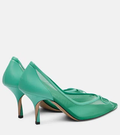 Jacquemus The Tourni Bow-detailed Leather-trimmed Mesh Pumps In Green
