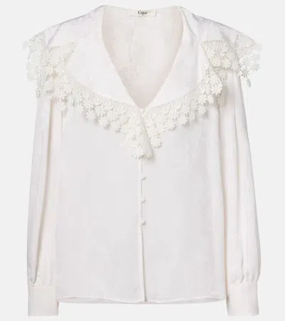 Chloé Blouse With A Maxi Collar In Silk Jacquard And Lace In White