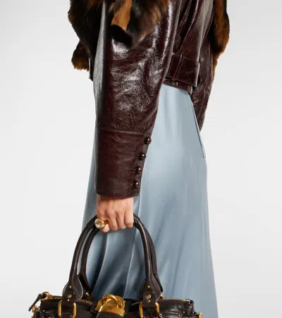 Chloé Shiny Leather Crop Moto Jacket With Removable Lamb Shearling Collar In Burgundy