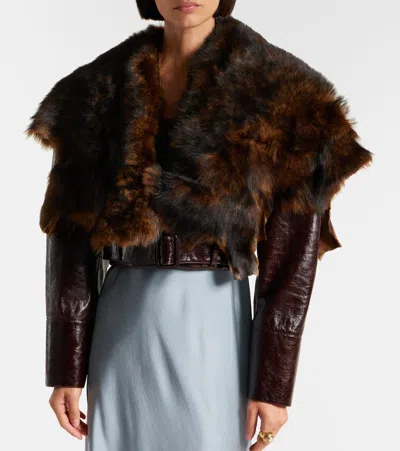 Chloé Shiny Leather Crop Moto Jacket With Removable Lamb Shearling Collar In Burgundy