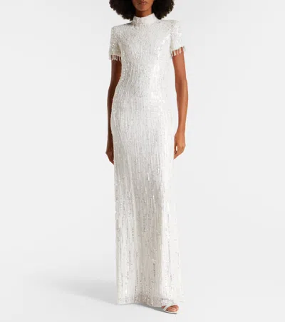 Jenny Packham Jourdain Crystal Sequined Flutter-sleeve Gown In White