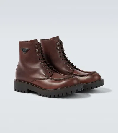 Prada Laced Leather Booties In Brown