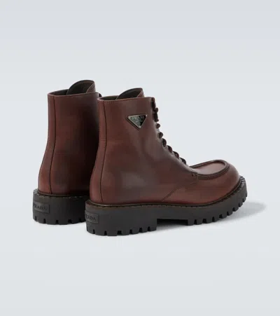 Prada Laced Leather Booties In Brown