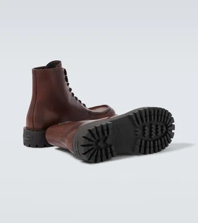 Prada Laced Leather Booties In Brown