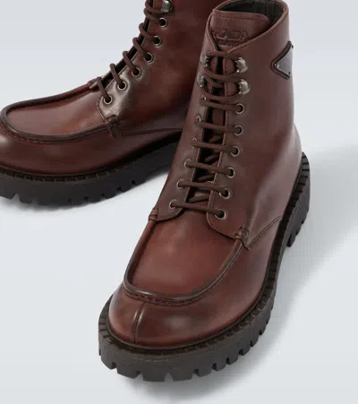 Prada Laced Leather Booties In Brown