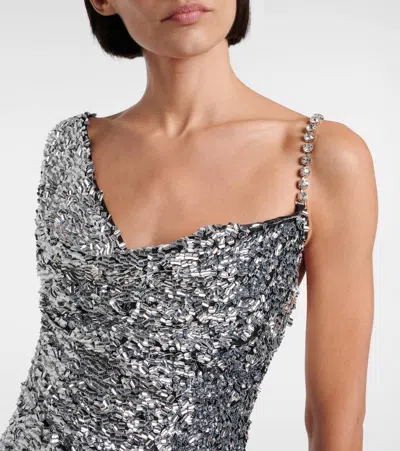 Area One-shoulder Sequined Gown In Gray