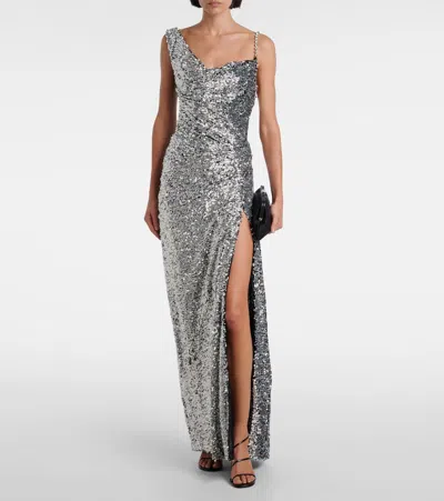 Area One-shoulder Sequined Gown In Gray
