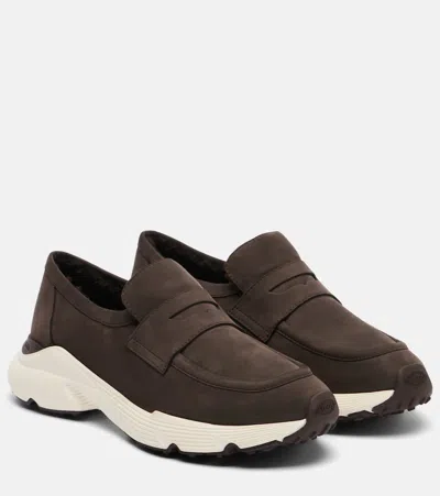 Tod's Sporty Suede Loafers Rubber Sole In Brown
