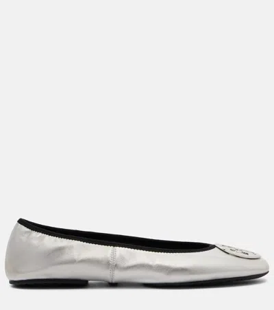 Tory Burch Minnie Travel Leather Ballet Flats In Silver