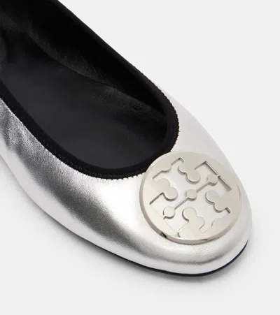 Tory Burch Minnie Travel Leather Ballet Flats In Silver