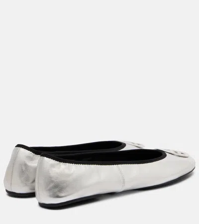 Tory Burch Minnie Travel Leather Ballet Flats In Silver