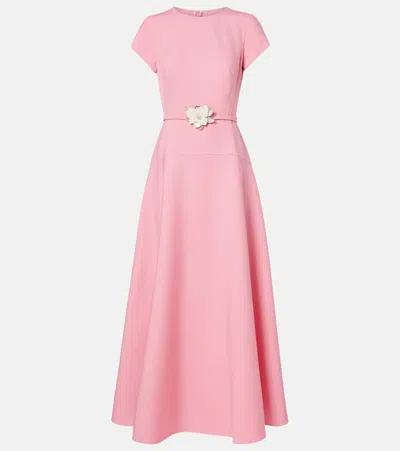 Oscar De La Renta Crystal Flower Belted Short-sleeve Tea-length Dress In Pink