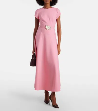 Oscar De La Renta Crystal Flower Belted Short-sleeve Tea-length Dress In Pink