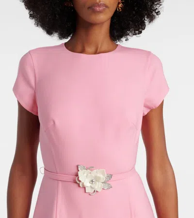 Oscar De La Renta Crystal Flower Belted Short-sleeve Tea-length Dress In Pink