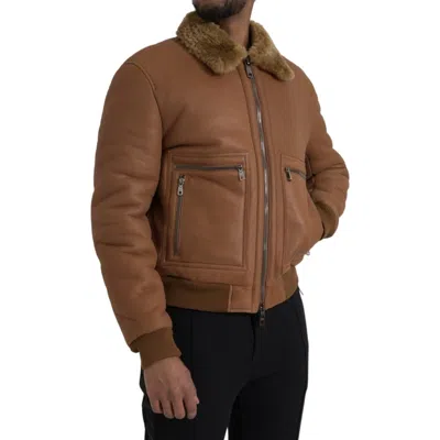 Pre-owned Dolce & Gabbana Brown Leather Fur Button Biker Coat Men's Jacket ()