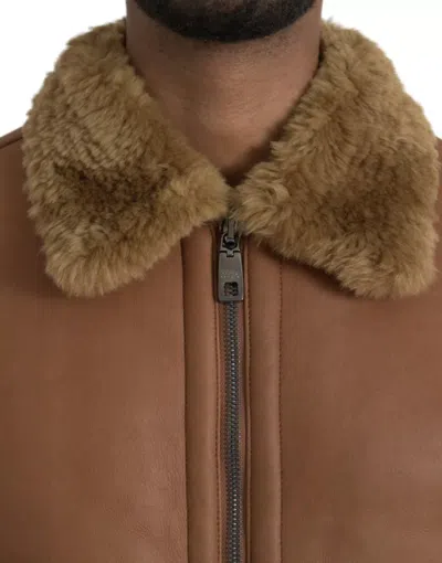Pre-owned Dolce & Gabbana Brown Leather Fur Button Biker Coat Men's Jacket ()