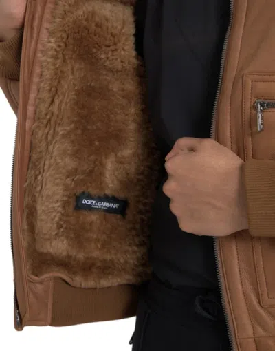 Pre-owned Dolce & Gabbana Brown Leather Fur Button Biker Coat Men's Jacket ()