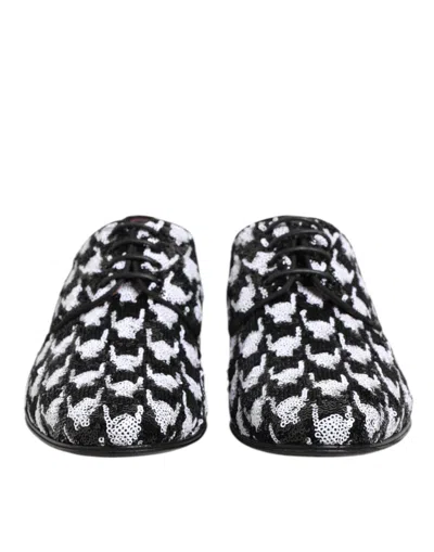 Pre-owned Dolce & Gabbana Dress Black White Sequined Lace Up Derby Men's Shoes () In Multi