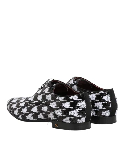 Pre-owned Dolce & Gabbana Dress Black White Sequined Lace Up Derby Men's Shoes () In Multi