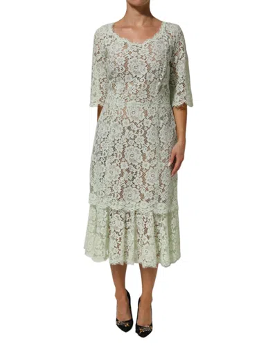 Dolce & Gabbana Mint Green Floral Lace Trim Midi Dress In Green