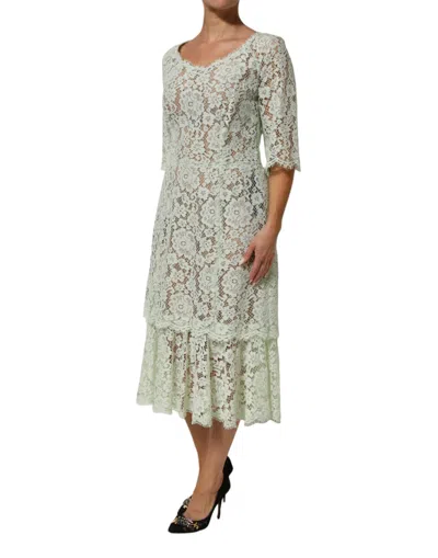 Dolce & Gabbana Mint Green Floral Lace Trim Midi Dress In Green