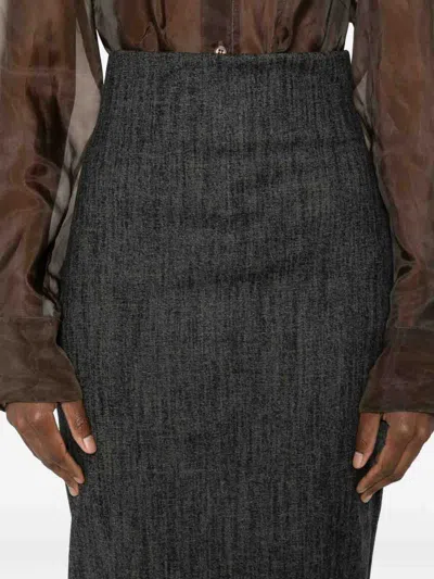 Alberta Ferretti Textured Black Wool Blend Midi Skirt In Gray