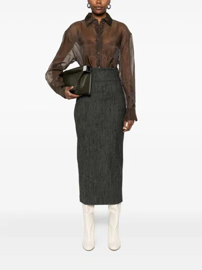 Alberta Ferretti Textured Black Wool Blend Midi Skirt In Gray