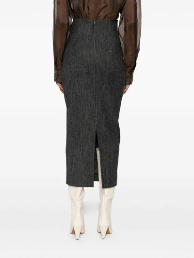 Alberta Ferretti Textured Black Wool Blend Midi Skirt In Gray