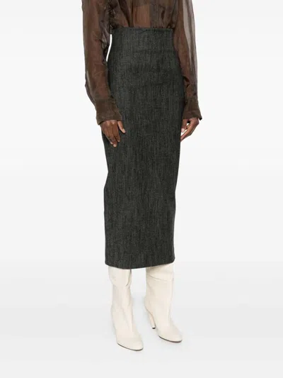 Alberta Ferretti Textured Black Wool Blend Midi Skirt In Gray