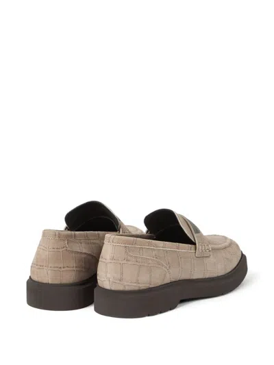Brunello Cucinelli Crocodile Effect Round Toe Flat Sole Loafers In Neutral