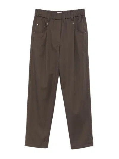 Brunello Cucinelli Baggy Pull-on Trousers In Stretch Cotton Cover With Shiny Bartack In Brown