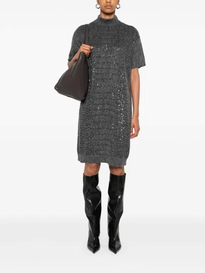 Brunello Cucinelli Short Dress In Wool And Cashmere Blend Grey With Sequin Details In Black