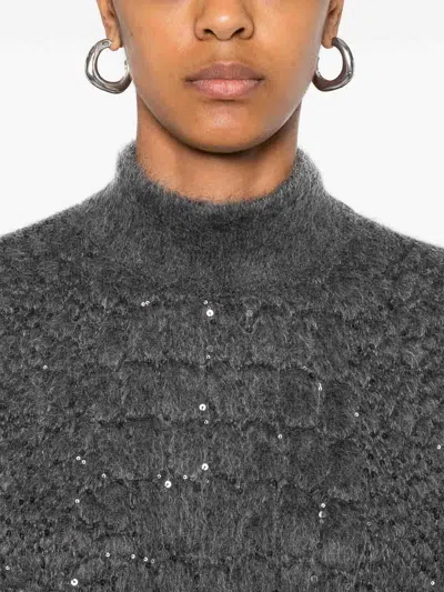 Brunello Cucinelli Short Dress In Wool And Cashmere Blend Grey With Sequin Details In Black