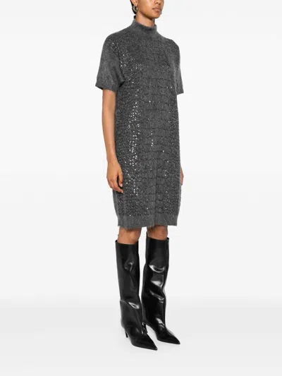 Brunello Cucinelli Short Dress In Wool And Cashmere Blend Grey With Sequin Details In Black