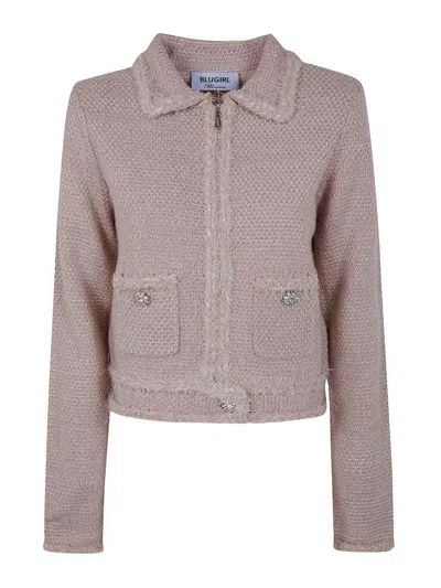 Blugirl Cropped Soft-textured Knit Sweater With Classic Collar In Brown