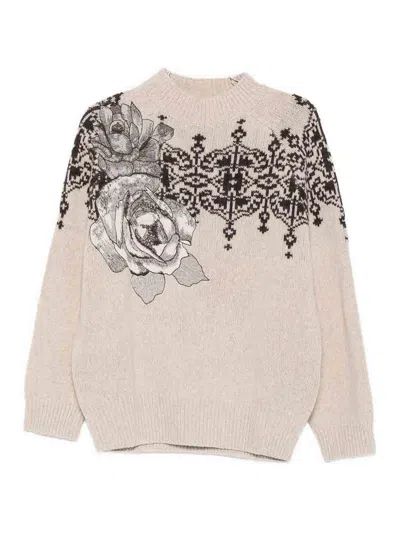 Blugirl Brown Wool Sweater With Geometric Pattern In Pink