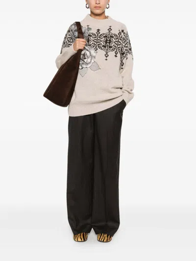 Blugirl Brown Wool Sweater With Geometric Pattern In Pink