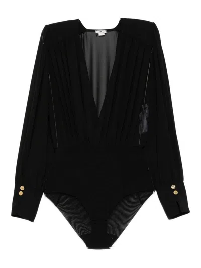 Elisabetta Franchi Pleated-panel Button-cuff Bodysuit In Black