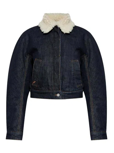Jacquemus Le Bomber De-nimes Ovalo Blue Jacket With Fur Collar And Two Front Welt Pockets In Denim Woman In Black