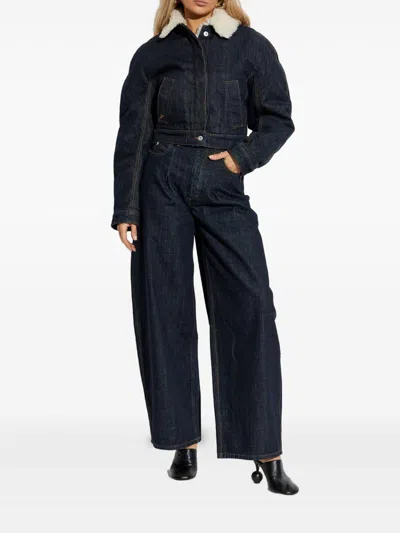 Jacquemus Le Bomber De-nimes Ovalo Blue Jacket With Fur Collar And Two Front Welt Pockets In Denim Woman In Black