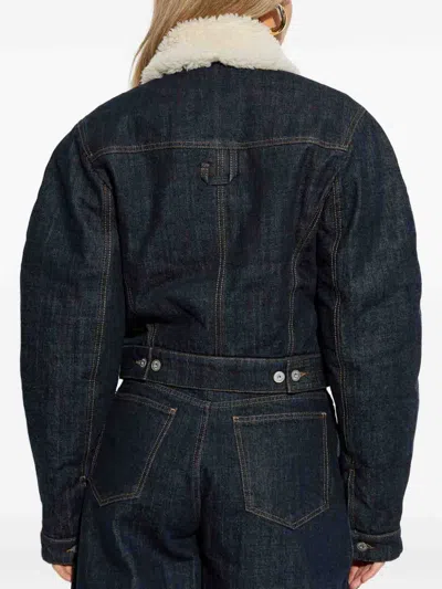 Jacquemus Le Bomber De-nimes Ovalo Blue Jacket With Fur Collar And Two Front Welt Pockets In Denim Woman In Black